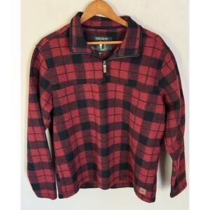 John Wayne Fleece Jacket Mens Large Red Plaid 1/4 Zip Pullover Outdoors Hiking